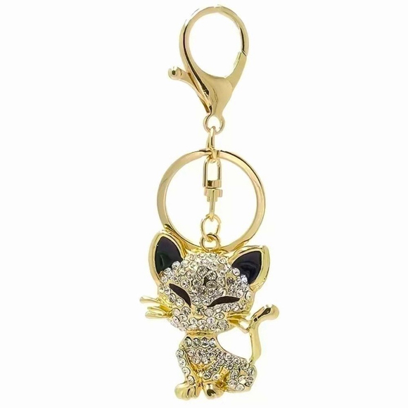 NEW Classy Cat Rhinestone gold key chain bag charm - Picture 3 of 3